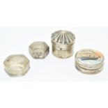 Four hallmarked silver and white metal pill boxes comprising modern hallmarked silver circular