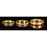 Three 22ct gold wedding bands / rings including one octagonal, Birmingham 1936, 8.9g, size J/K, size