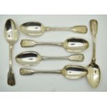 Set of six William IV/Victorian hallmarked silver Fiddle Thread and Shell pattern table spoons, five