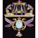 Art Deco 18ct gold Egyptian Revival pendant / brooch set with rubies, rose cut diamonds, carved opal