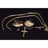 A 9ct gold cross, 9ct gold sections of chain, 9ct gold earring and 9ct gold brooch, 10.7g