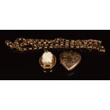 Victorian 9ct rose gold necklace with barrel clasp, 9ct gold Victorian heart locket with bird