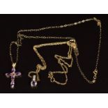 Two 9ct gold pendants set with amethysts, both on 9ct gold chains, 3g