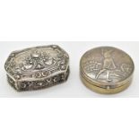 Two silver pill or similar pots, one with lady golfer to lid stamped 925 the other with floral