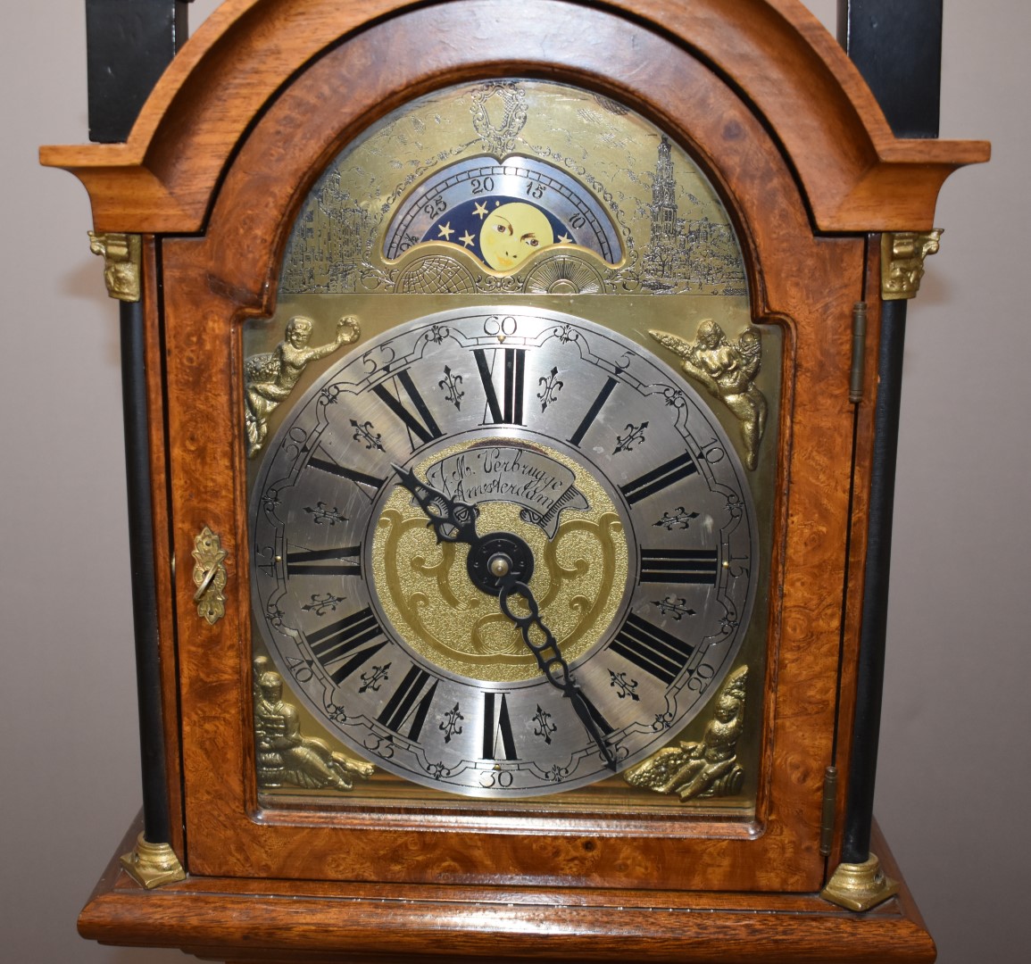 Walnut cased grandmother clock with figural decoration, moonphase, date and J M Verbrugge, Amsterdam - Image 5 of 5