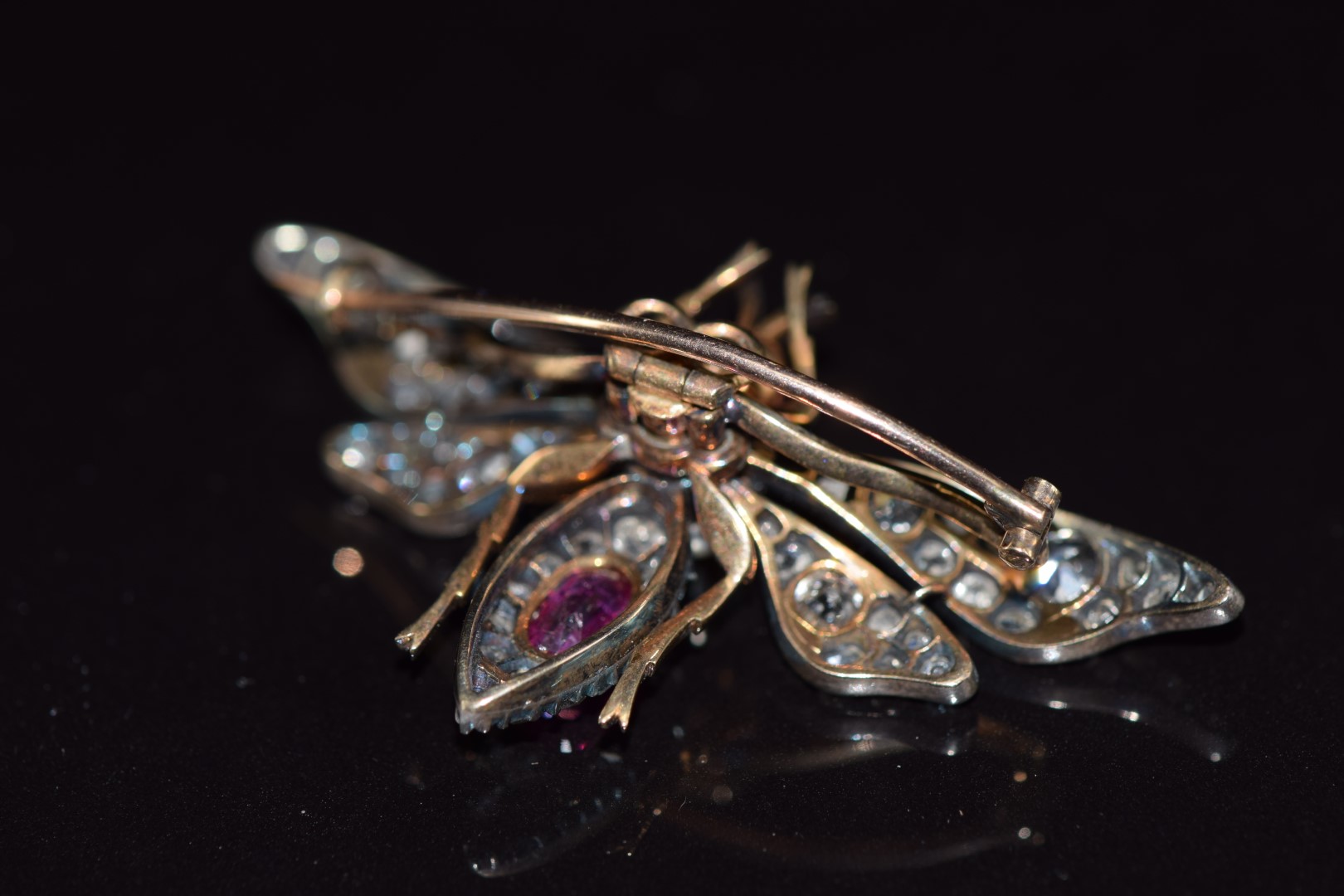 A c1880 gold and silver brooch in the form of a fly set with a natural pearl, pink sapphires, old - Image 4 of 8