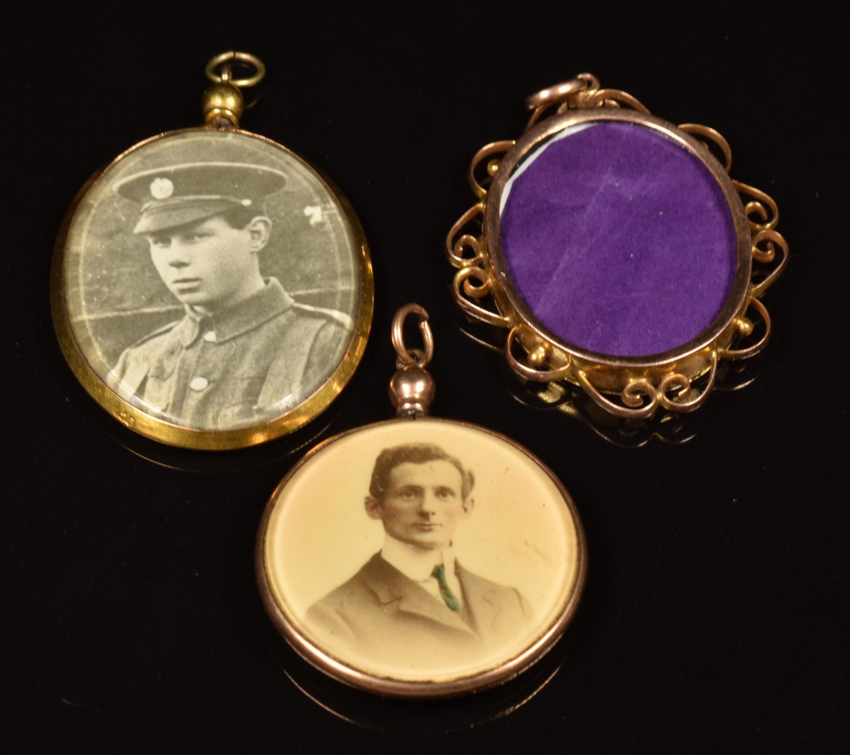 Three Victorian / Edwardian 9ct gold lockets, two set with miniatures / photographs