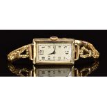 Art Deco 9ct gold ladies wristwatch with blued hands, Arabic numerals, silver dial and 15 jewel