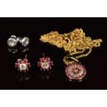 A 9ct gold ruby and cubic zirconia pendant on 9ct gold chain and a pair of 9ct gold earrings set