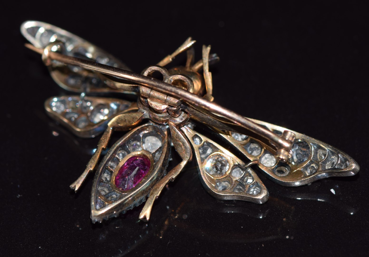 A c1880 gold and silver brooch in the form of a fly set with a natural pearl, pink sapphires, old - Image 3 of 8