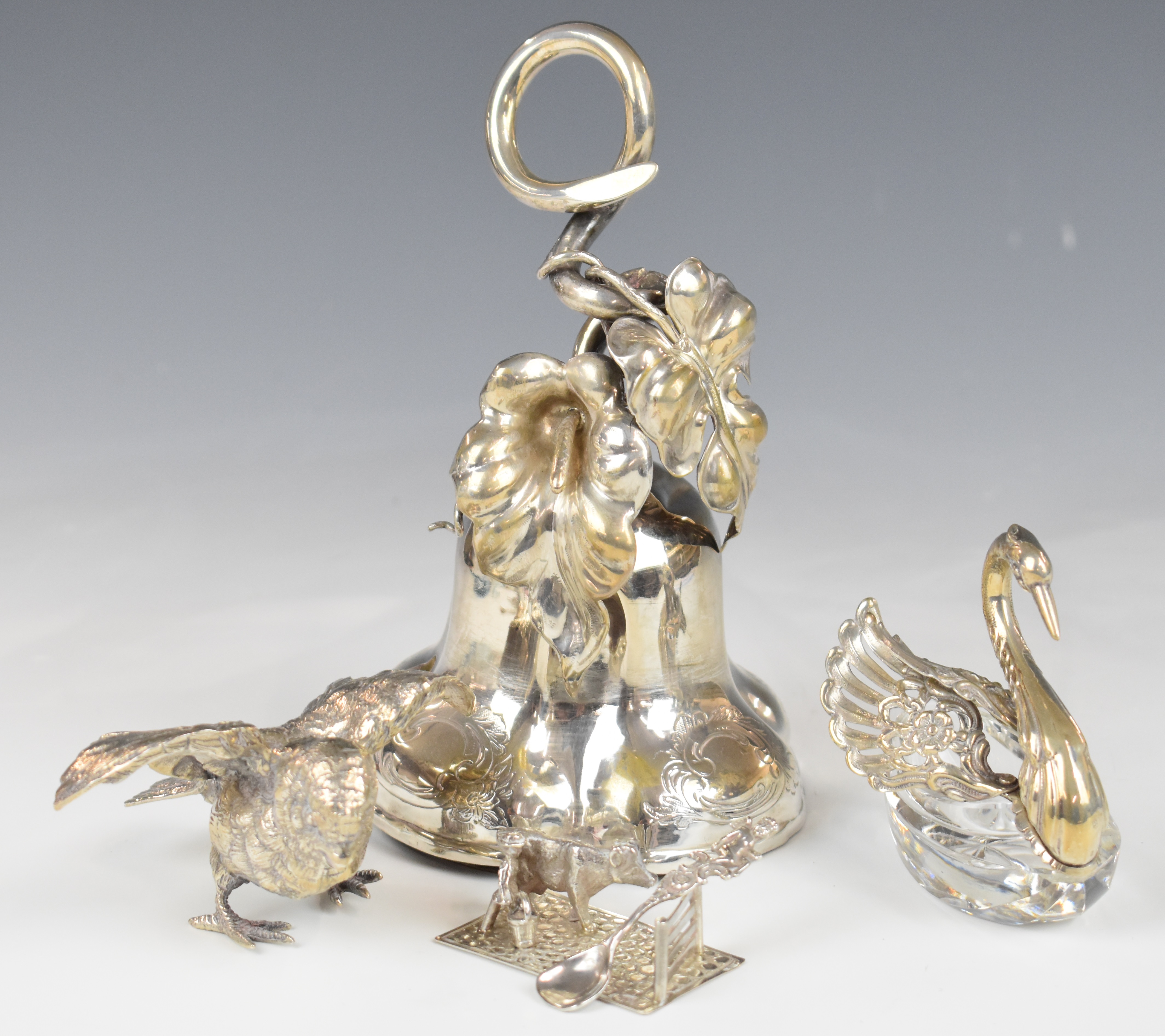 Dutch silver mounted table bell, novelty salt formed as a swan, marked 835, model of a bird,