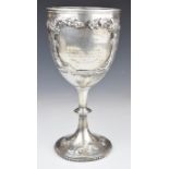 Victorian hallmarked silver trophy cup or large goblet with embossed decoration of cattle, London