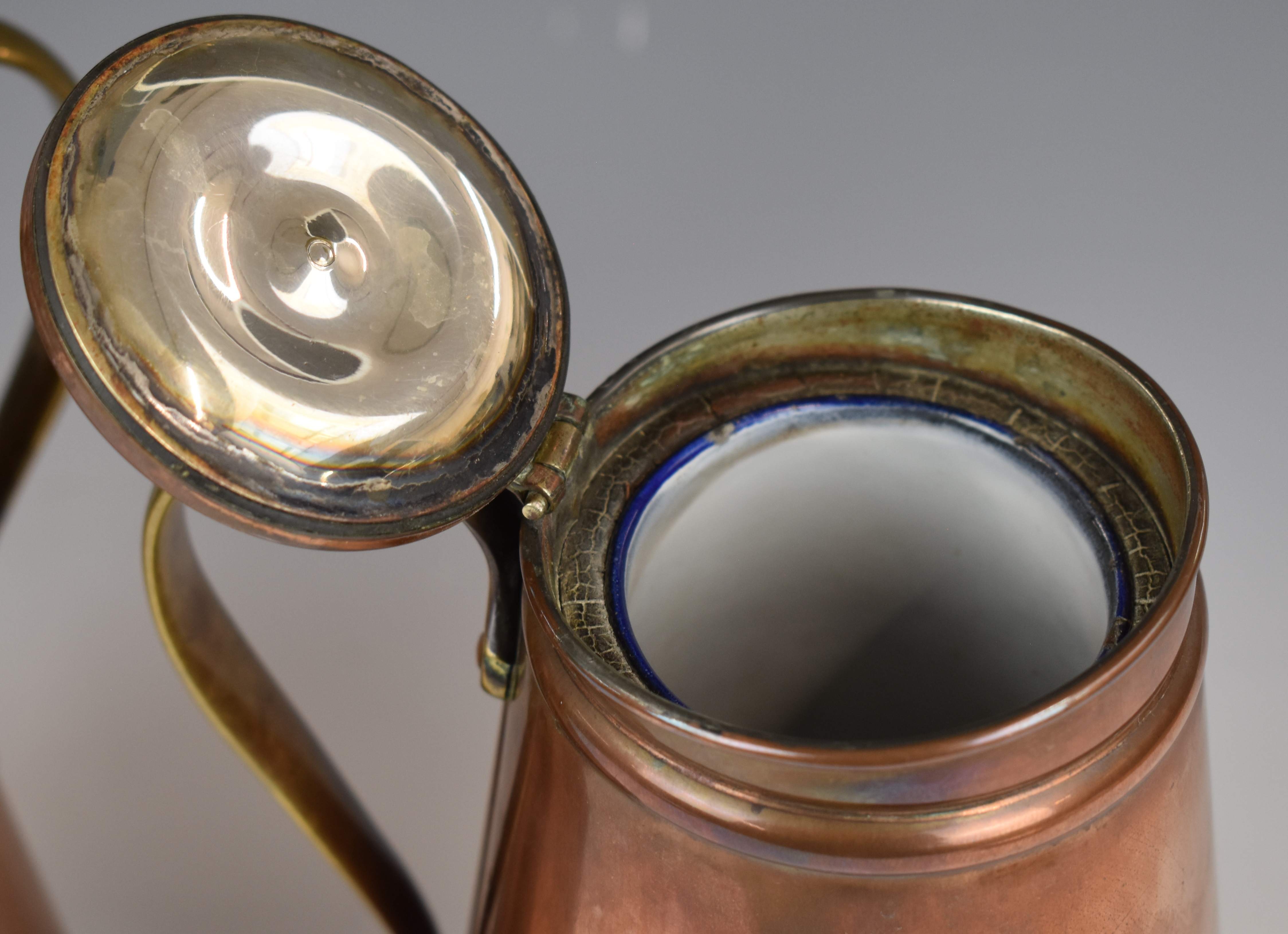 WAS Benson Arts & Crafts pair of ceramic lined copper and brass lemonade jugs, one impressed - Image 4 of 7