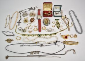 A collection of jewellery including three 9ct gold rings (broken, 3.7g), Swatch, 9ct gold locket (