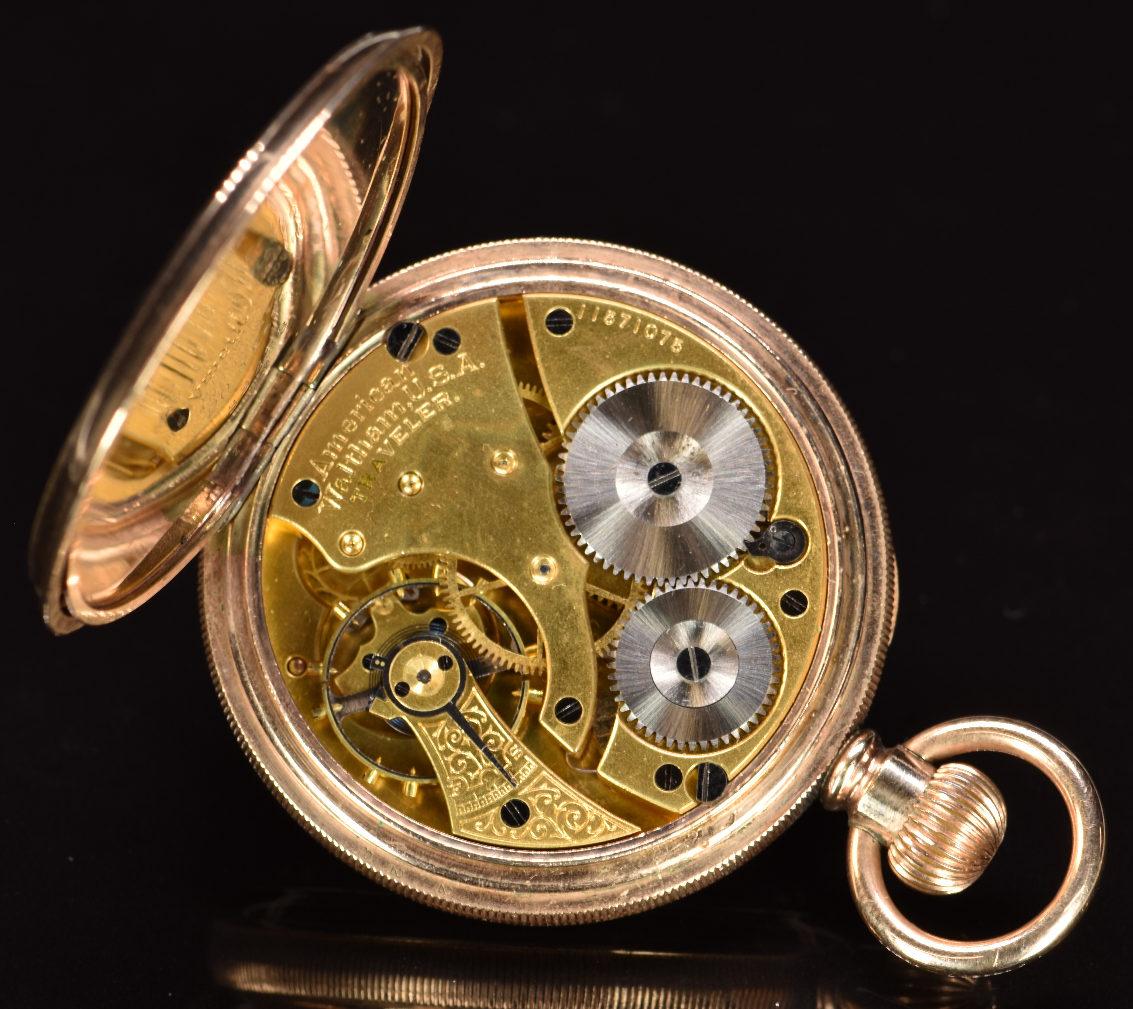 Waltham gold plated keyless winding open faced pocket watch with subsidiary seconds dial, blued - Image 3 of 3