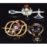 Edwardian 9ct gold pendant set with a sapphire, 0.9g, 2.5cm, a Victorian knot brooch set with paste,