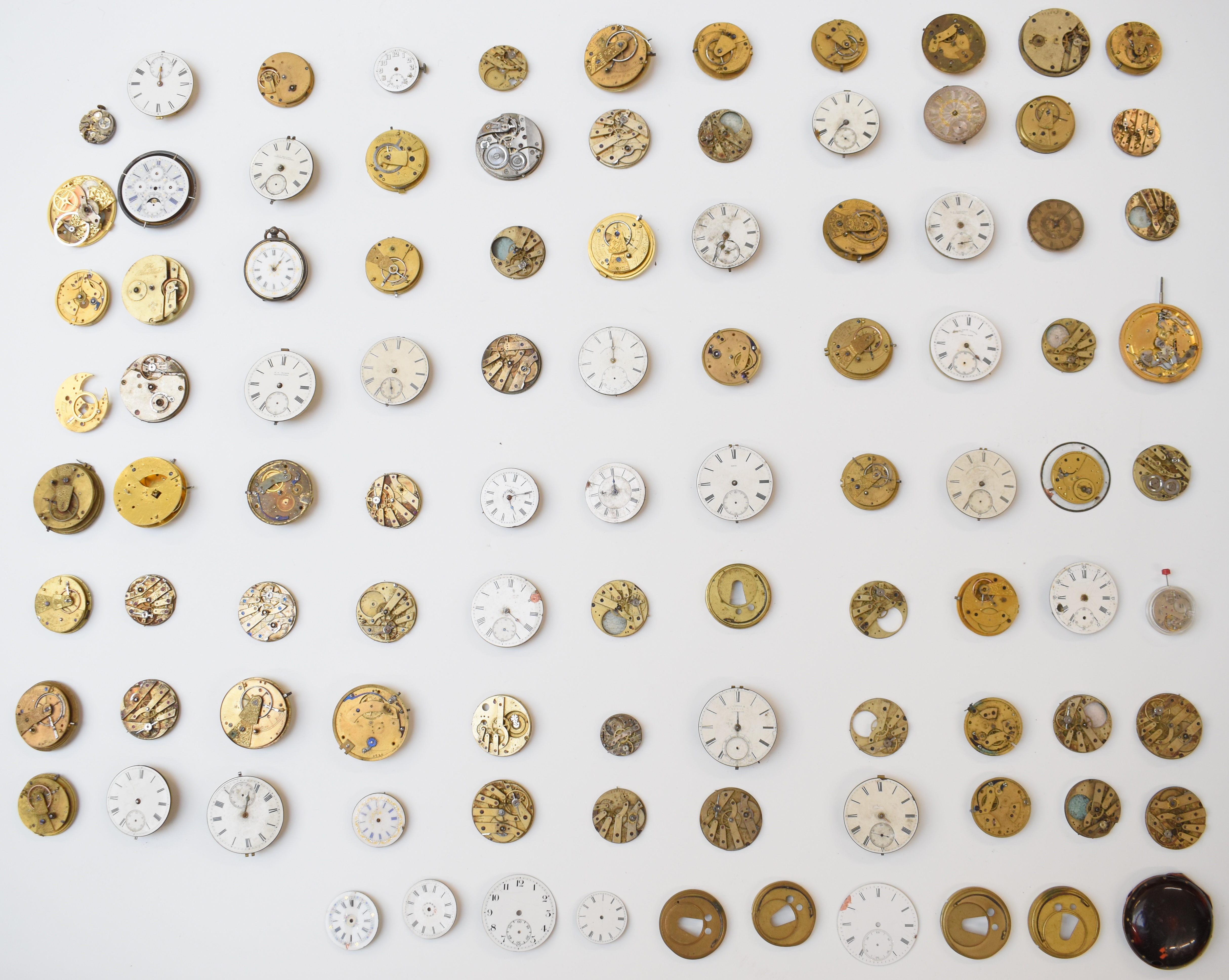 Large collection of pocket watch movements, dials and parts including fusee movements, tortoiseshell