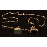 Two 9ct gold fobs / seals set with onyx and bloodstone, on 9ct gold chain, 8.9g