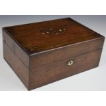 Victorian rosewood workbox with mother of pearl inlay and fitted interior with accessories, W27 x