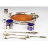 Hallmarked silver items comprising cut glass silver mounted scent bottle, oval tray with silver rim,