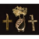 Two 9ct gold cross pendants, 9ct gold locket and 9ct gold chain, 3.1g