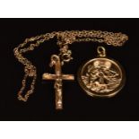 A 9ct gold St Christopher pendant, a 9ct gold crucifix and 9ct gold chain, 9g