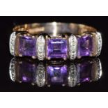 A 9ct gold ring set with amethysts and diamonds, 3.0g, size O