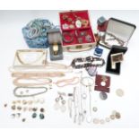 A collection of jewellery including silver chain, filigree brooch, silver pendant, Ola Gorie brooch,