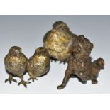 Three Austrian cold painted bronze animals comprising bird, dog and a pair of birds, height of