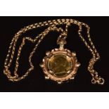 A 9ct gold pendant set with a 1980 1/10 gold Krugerrand, on 9ct gold chain, 7.1g