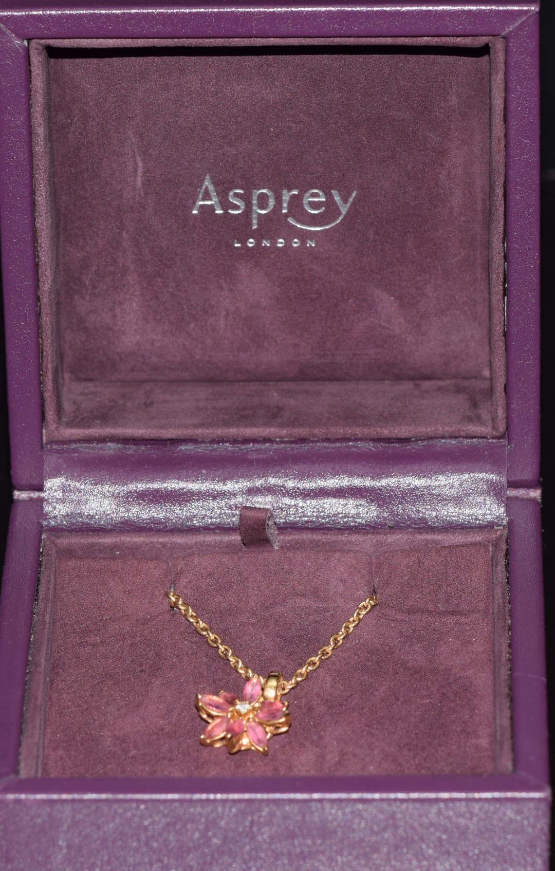 Asprey 18ct gold pendant set with a diamond surrounded by marquise cut pink tourmalines in a - Image 4 of 5