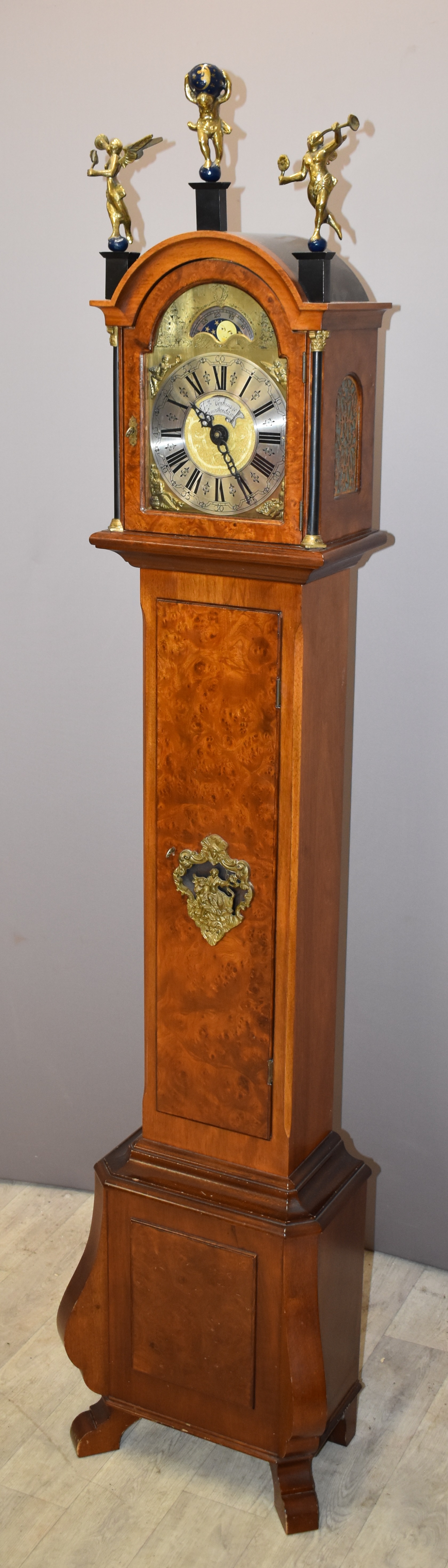 Walnut cased grandmother clock with figural decoration, moonphase, date and J M Verbrugge, Amsterdam - Image 3 of 5