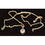 A 9ct gold pendant set with diamonds in a cluster, on a 9ct gold chain, 1.3g
