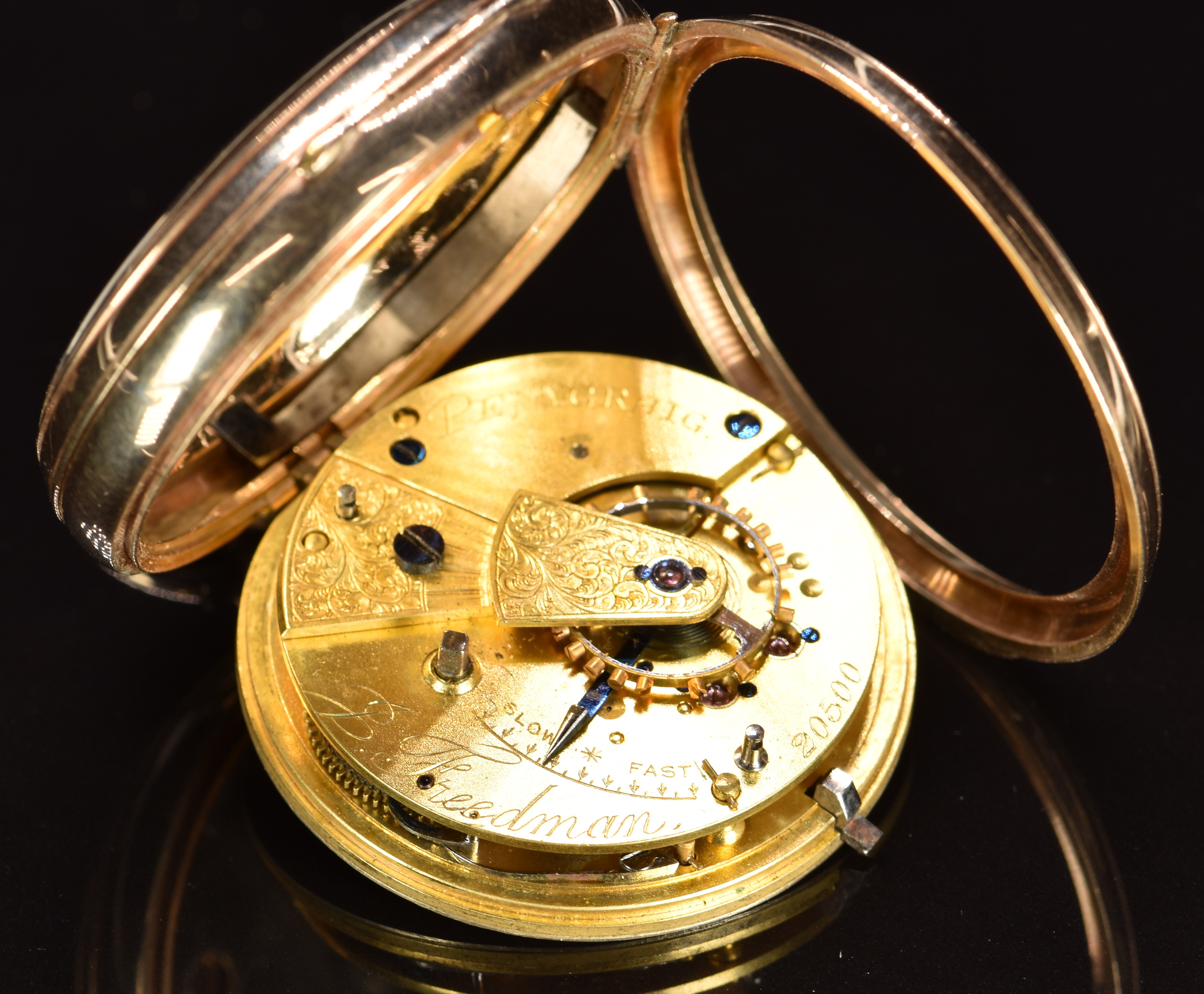 B Freedman of Penycraig 9ct gold open faced pocket watch with inset subsidiary seconds dial, black - Image 3 of 3