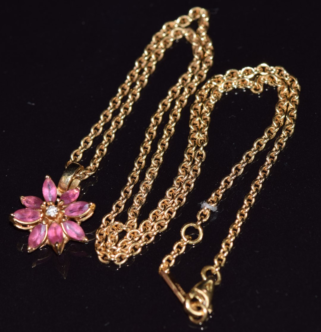 Asprey 18ct gold pendant set with a diamond surrounded by marquise cut pink tourmalines in a - Image 3 of 5