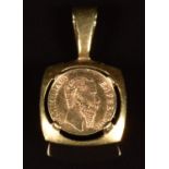 A 9ct gold pendant with 1865 Mexican Emperor Maximillian gold coin, probably 1 Peso, 3g