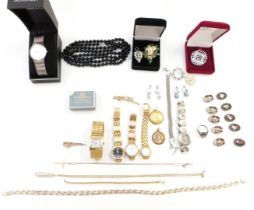 A collection of jewellery including paste earrings, silver necklace, silver ring, Skagen watch,