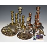 Silver plated and other metalware to include nine various candlesticks, height of tallest 30cm,