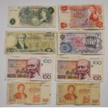 Mauritius ten rupee banknote and five further notes for UK, Belgium etc