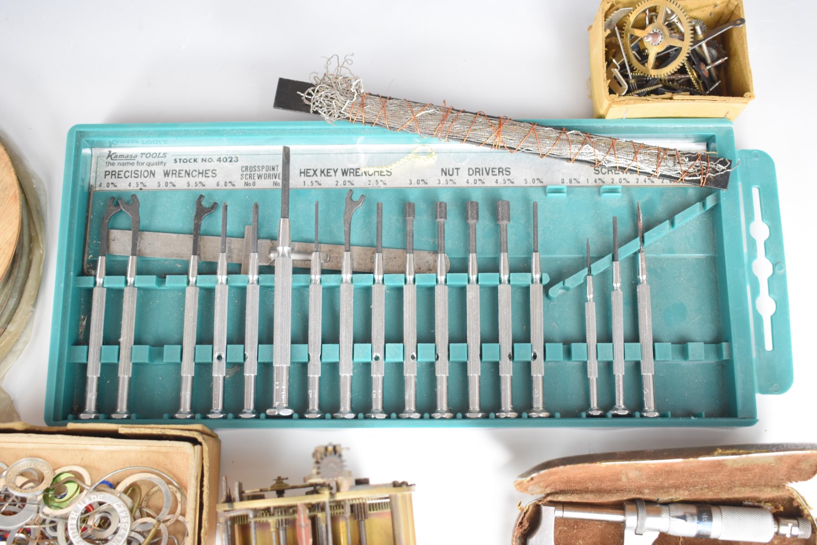 Collection of clock parts, keys, tools, needle files, engraver's wax, clamps etc, in three trays - Image 17 of 21