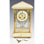 Alabaster and gilt metal four glass mantel clock with mercury compensated pendulum, striking on a
