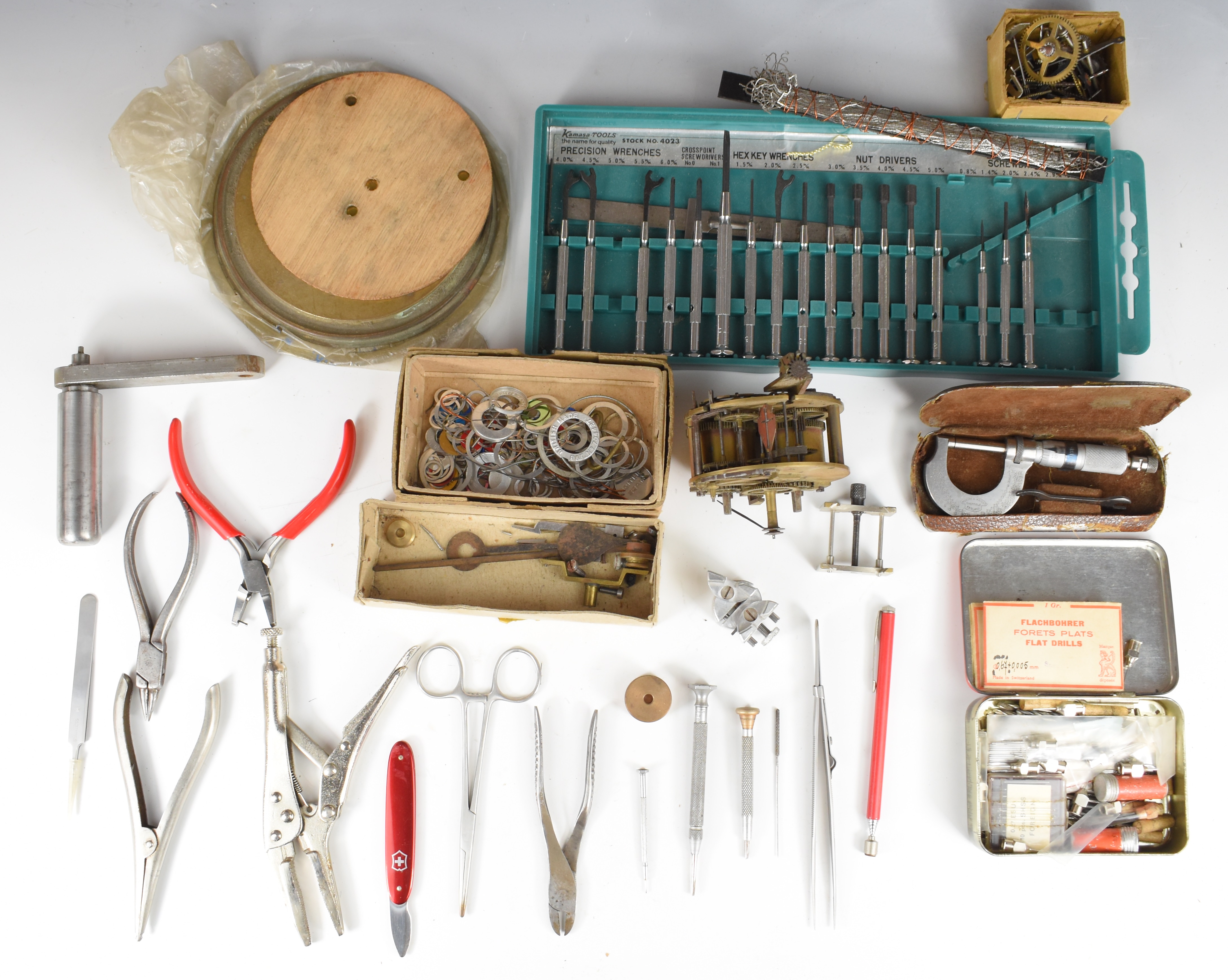 Collection of clock parts, keys, tools, needle files, engraver's wax, clamps etc, in three trays - Image 15 of 21