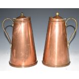 WAS Benson Arts & Crafts pair of ceramic lined copper and brass lemonade jugs, one impressed
