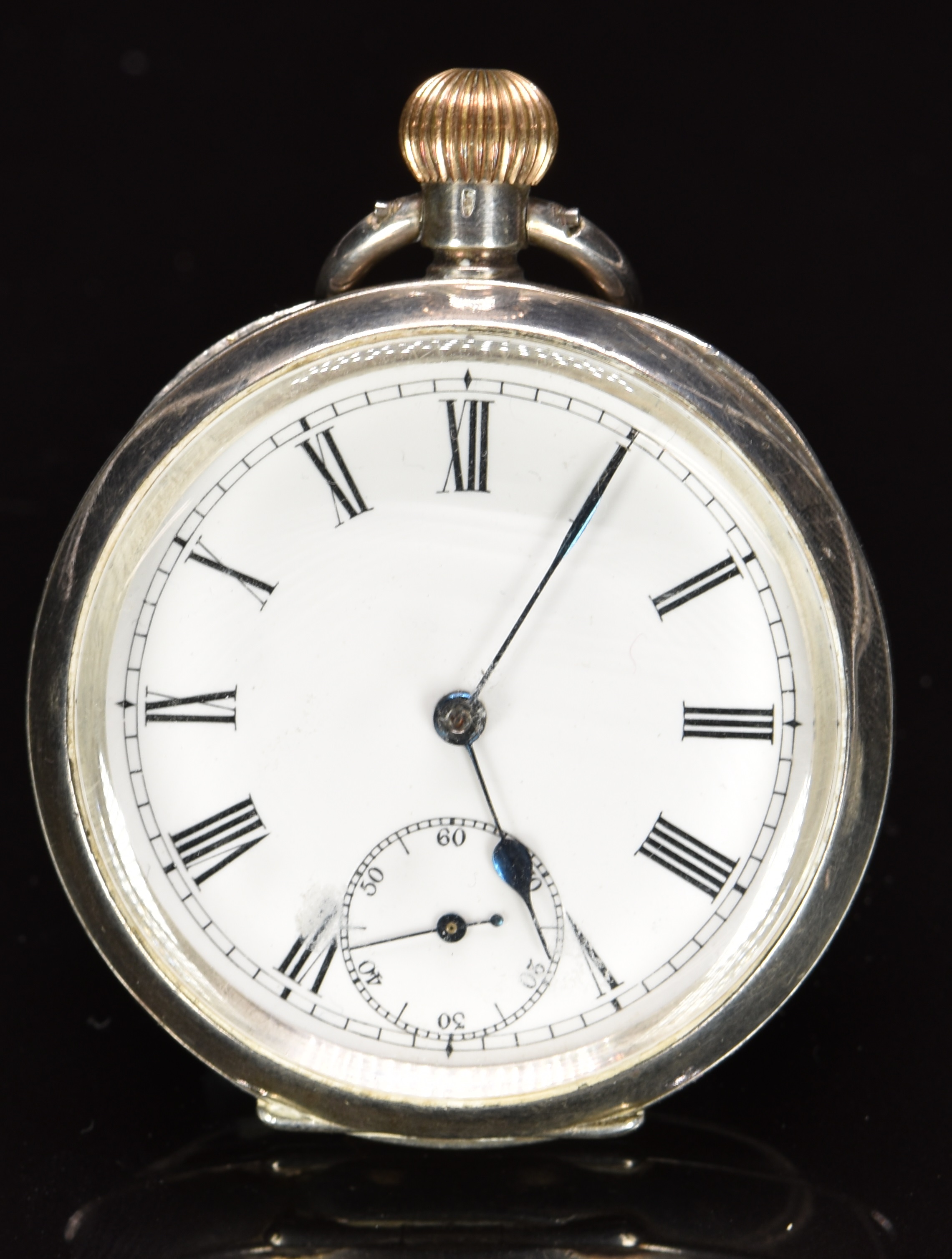 Omega silver keyless winding open faced pocket watch with subsidiary seconds dial, blued hands,