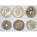 Six Roman silver coins to include Caracella, Trajan, Vespasian and Nerva, all around 18mm diameter