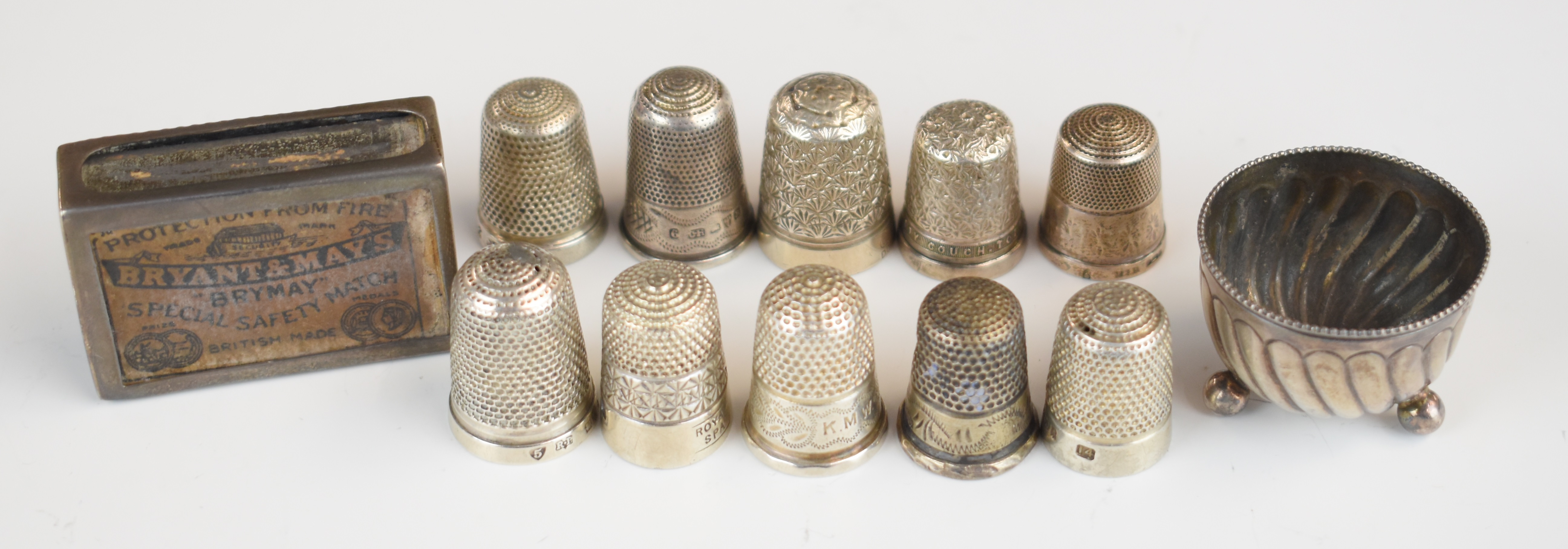 Small Victorian hallmarked silver salt, Victorian hallmarked silver matchbox holder and nine