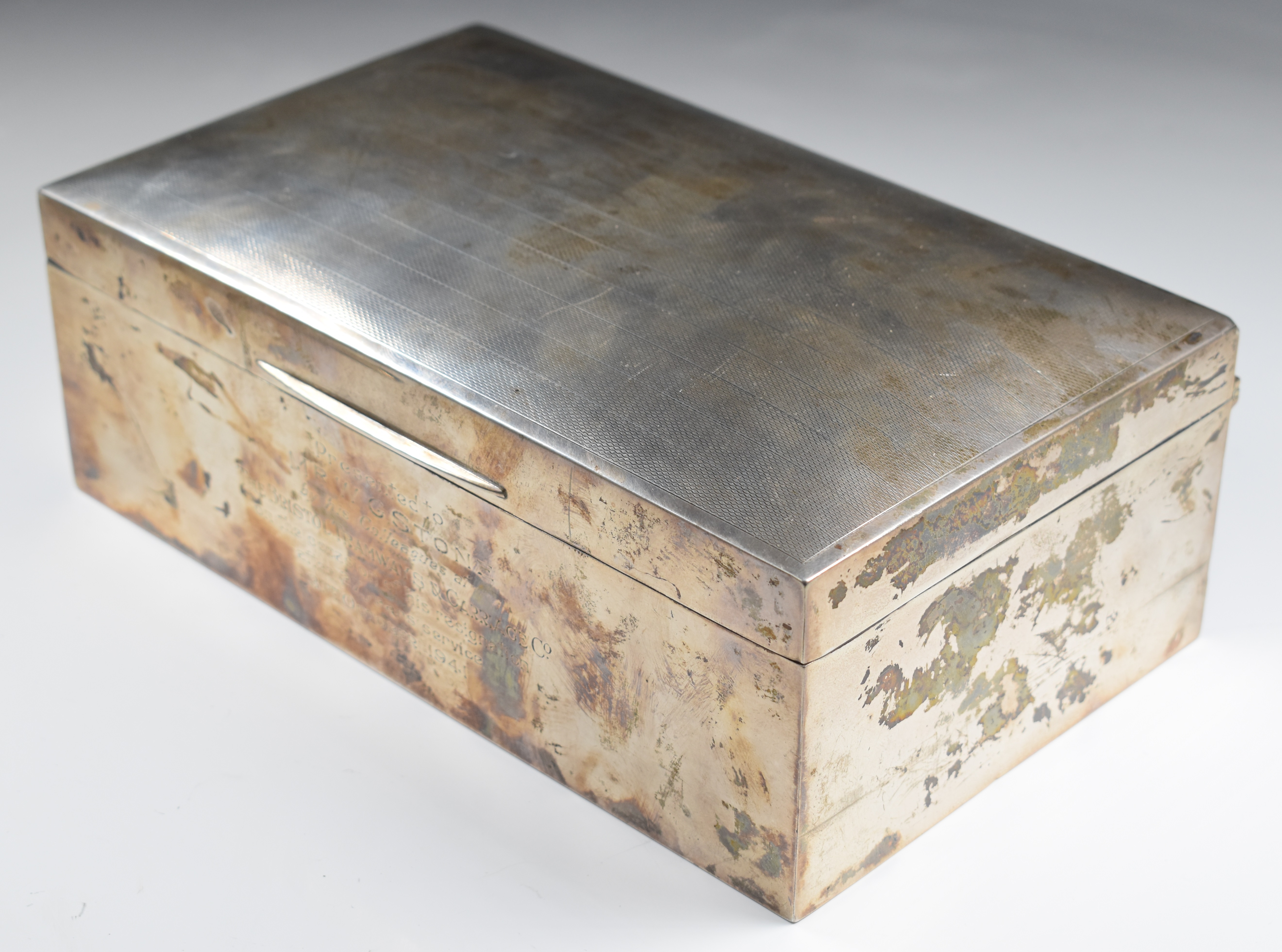 Large George V hallmarked silver cigar or cigarette box with inscription relating to the Bristol