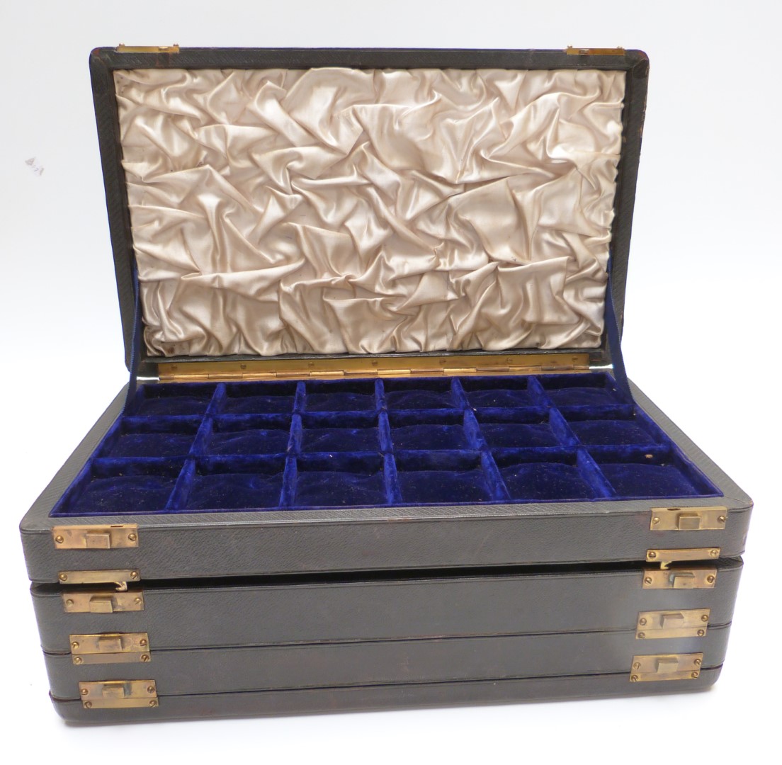 Tooled leather Victorian or early 20thC travelling jewellery salesman's or collector's case ex