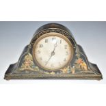 Chinoiserie lacquer cased mantel clock with silvered dial and French movement with platform