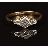 Art Deco 9ct gold ring set with three diamonds in a platinum setting (band has split), 2.4g